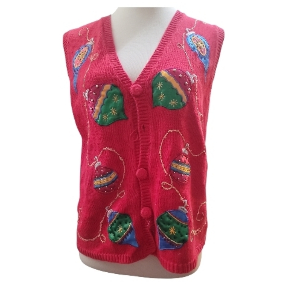 nutcracker Festive red Knit sweater Vest applique Ornament beaded embroidery Med
